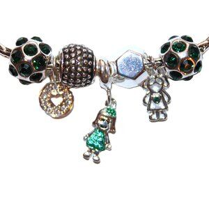 DaVinci Charm Bracelet 8.5" 7 Beads - Daughter Heart Girl Silver Emerald Green